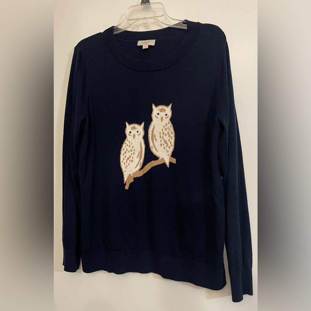 Loft Outlet Navy Blue Cotton Sweater with Two Owls.  Size Large